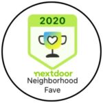 A circular badge with the text "" at the top, a trophy icon in the center, and "nextdoor Neighborhood Fave" at the bottom.
