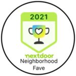 A circular badge with a green top, featuring a trophy with a heart symbol and the text "" above it. Below the trophy, the text reads "nextdoor Neighborhood Fave.