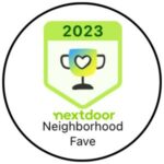 A badge with a green border and "" at the top, featuring a trophy icon with a heart. Text below reads "nextdoor Neighborhood Fave.