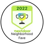 Nextdoor Neighborhood Fave badge with a trophy icon featuring a heart in the center.