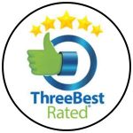 A logo featuring a green thumbs up inside a blue circle with five yellow stars above. Text below reads "ThreeBest Rated.